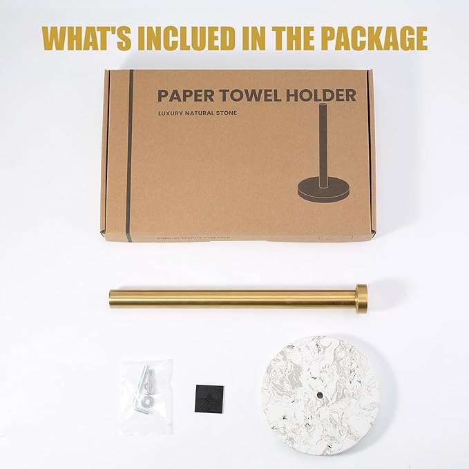 Koville Paper Towel Holder Countertop, Marble and Brass Standing Paper Roll Holder, Heavy Stone Paper Towel Holder with 6" Weighted Marble Base for Kitchen Bathroom(Arabescato Argento)