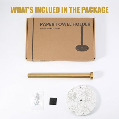 Koville Paper Towel Holder Countertop, Marble and Brass Standing Paper Roll Holder, Heavy Stone Paper Towel Holder with 6" Weighted Marble Base for Kitchen Bathroom(Arabescato Argento)