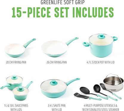 GreenLife Soft Grip Healthy Ceramic Nonstick, 15 Piece Cookware Pots and Pans Set, Induction, PFAS-Free, Dishwasher Safe, Turquoise