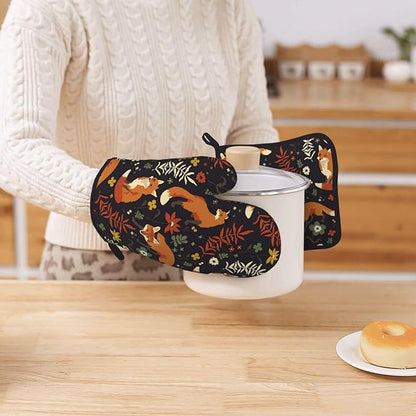 Fox Silicone Oven Mitts Pan Mats Set of 2, Heat Resistant Gloves Potholder with Non-Slip Grips Hanging Loops Pot Holder, Spring Summer for Chef Cooking, Baking, Grilling, BBQ
