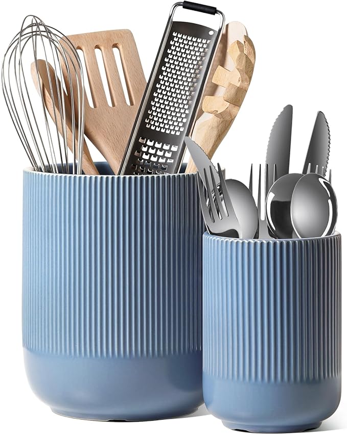 LE TAUCI Utensil Holder for Kitchen Counter, 7.3"+5.4" Fluted Ceramic Utensil Crock Organizer for Countertop, Heavy Large Holder for Spatulas, Spoons, Set of 2, Dusty Blue by LETAUCI