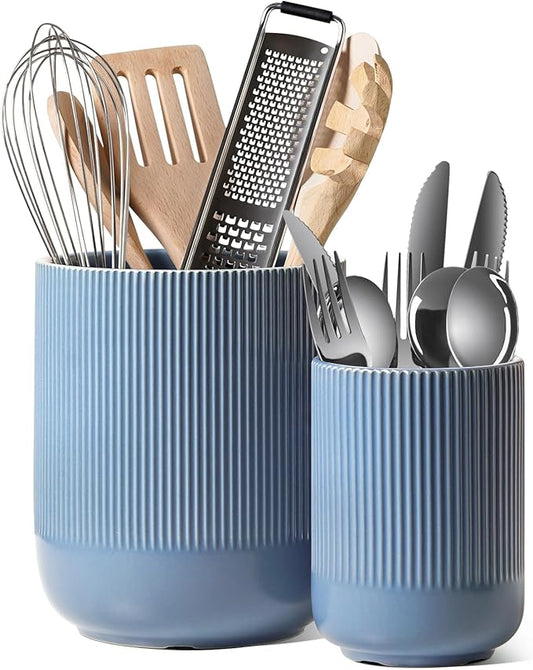 LE TAUCI Utensil Holder for Kitchen Counter, 7.3"+5.4" Fluted Ceramic Utensil Crock Organizer for Countertop, Heavy Large Holder for Spatulas, Spoons, Set of 2, Dusty Blue by LETAUCI