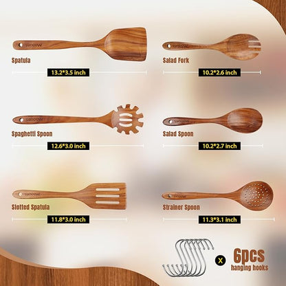 Wooden Spoons for Cooking, 6PCS Teak Wood Cookware Utensil Set with Hooks - Smooth Finish, Non-Stick, Comfortable Grip, Heat Resistant Kitchen Utensils - Image 2
