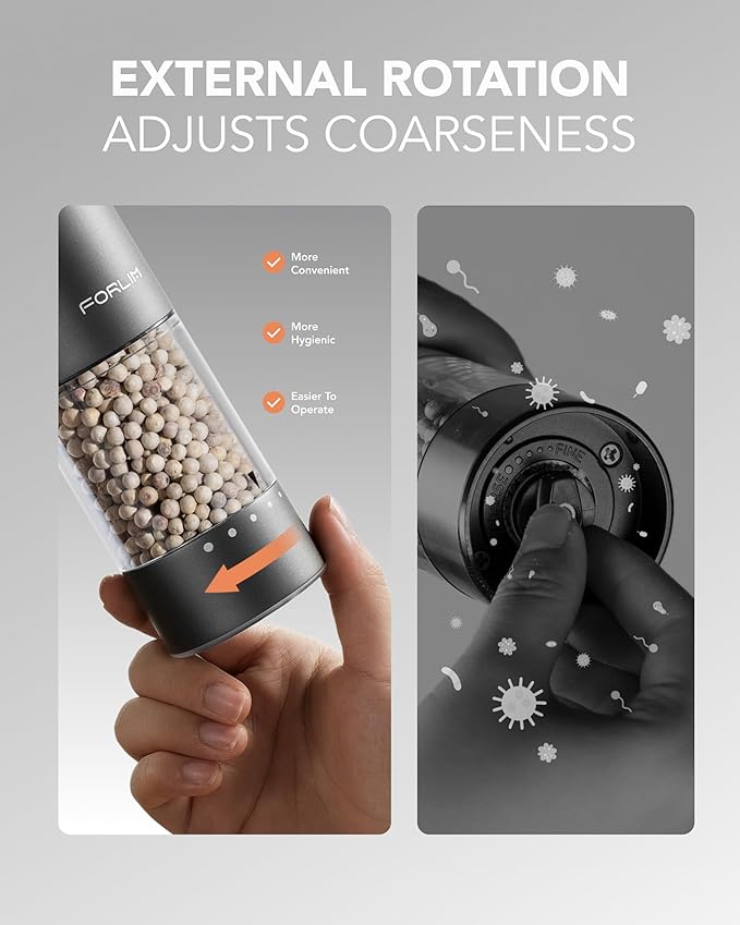 FORLIM 2-Speed ​​Electric Salt And Pepper Grinder Set, External Rotation To Adjust Coarseness, Electric Salt and Pepper Shaker With Charing Base, One-Button Automatic Grinding, Washable Container - Image 5