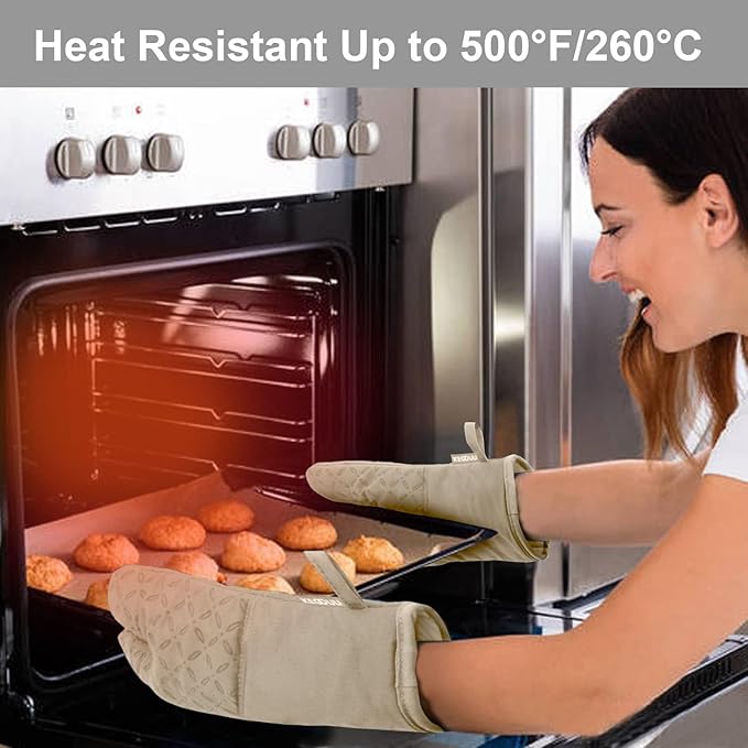 KEGOUU Oven Mitts and Pot Holders 6pcs Set, Kitchen Oven Glove High Heat Resistant 500 Degree Extra Long Oven Mitts and Potholder with Non-Slip Silicone Surface for Cooking (Almond) - Image 5