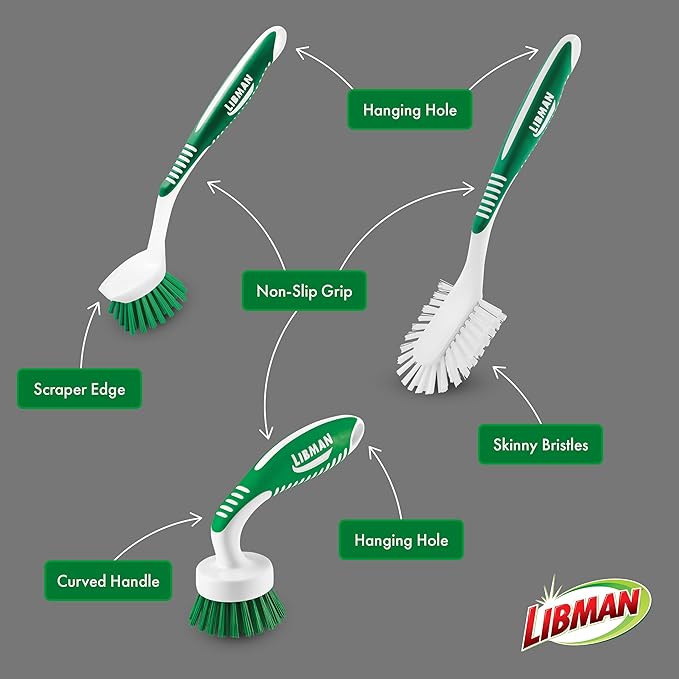 Libman Green & White Cleaning Brush Kit, 3-Piece Set, All-Purpose Brushes for Kitchen, Basins, Sinks, Dishwashers - Image 4