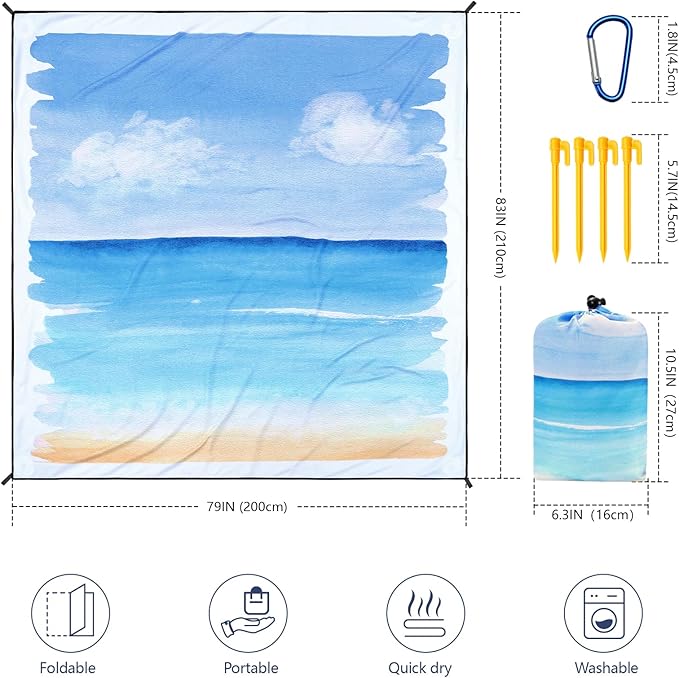 WIWIGO Beach Blanket Waterproof Sandproof Beach Mat 79" X 83"/10'x9'for 2-8 Adults Quick Drying Outdoor Picnic Mat Beach Accessories for Travel, Camping, Hiking - Image 2