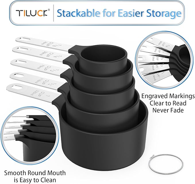 TILUCK Measuring Cups & Spoons Set, Stackable Cups and Spoons, Nesting Measure Cups with Stainless Steel Handle, Kitchen Gadgets for Cooking & Baking (Black) - Image 4