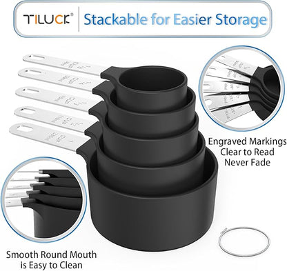 TILUCK Measuring Cups & Spoons Set, Stackable Cups and Spoons, Nesting Measure Cups with Stainless Steel Handle, Kitchen Gadgets for Cooking & Baking (Black) - Image 4