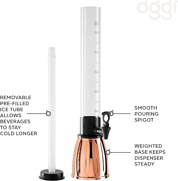 OGGI Beer Tower 3L/100oz - Beverage Dispenser with Spigot & Ice Tube, Margarita Tower, Mimosa Tower, Perfect Drink Dispensers for Parties, Drink Tower, Holds 6 Pints of Beer - Copper - Image 4