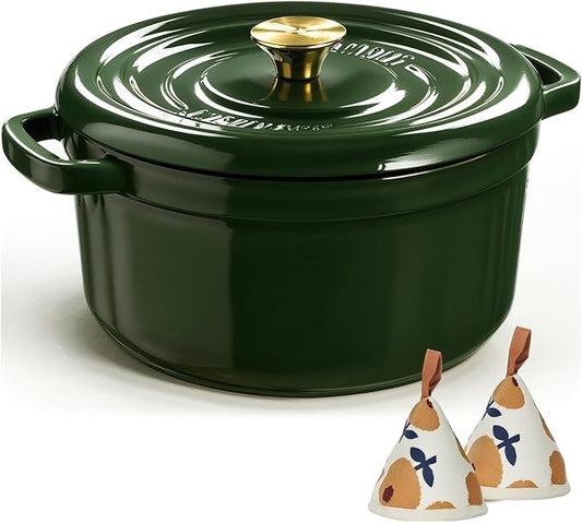 Overmont Enameled Cast Iron Dutch Oven - 5QT Pot with Lid Cookbook & Cotton Potholders - Heavy-Duty Cookware for Braising, Stews, Roasting, Sourdough Baking moss by Overmont