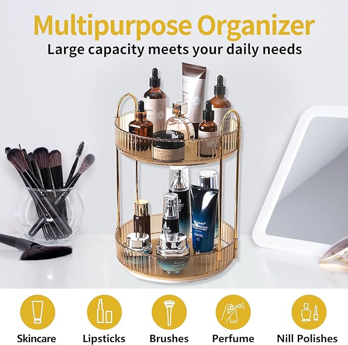 Asayuee 360 Rotating Gold Makeup Organizer,2 Tier Large Capacity Rotating Makeup Organizer,SkincarePerfume Organizer,Bathroom Cosmetics Storage Organizer Countertop (Gold-2 Tier) - Image 6