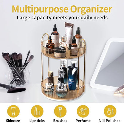 Asayuee 360 Rotating Gold Makeup Organizer,2 Tier Large Capacity Rotating Makeup Organizer,SkincarePerfume Organizer,Bathroom Cosmetics Storage Organizer Countertop (Gold-2 Tier) - Image 6