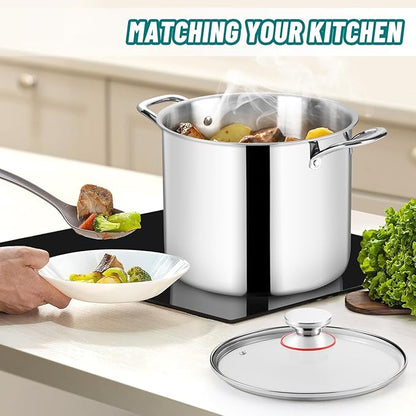 TeamFar 10 Quart Stock Pot, Stainless Steel Tri-ply Large Stockpot Pasta Soup Cooking Pot with Glass Lid, for Induction Gas Ceramic Electric, Nontoxic & Heavy Duty, Ergonomic Handles & Dishwasher Safe