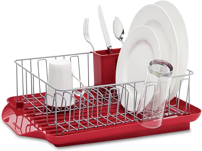 Farberware Classic Large Rust Resistant Full Dishrack with Removable 3 Compartment Flatware Caddy, Andlged Drain Board, 3-Piece, Red - Image 6