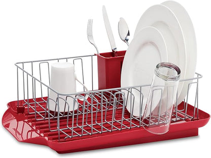 Farberware Classic Large Rust Resistant Full Dishrack with Removable 3 Compartment Flatware Caddy, Andlged Drain Board, 3-Piece, Red - Image 6