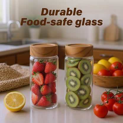 2-Pack 13 fl oz Glass Mason Jars with Acacia Wood Lids - Sealable, Leakproof, Clear & Stackable Food Storage Containers for Spices, Meal Prep, Flour, Sugar & Snack Storage