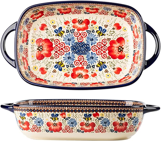 Vintage Flowers Style Ceramic Bakeware Casserole Dish Baking Pan Lasagna Pans Baking Dish with Handles for Oven/Cooking/Kitchen-1 PCS-Red Flowers-60 OZ by Bicuzat