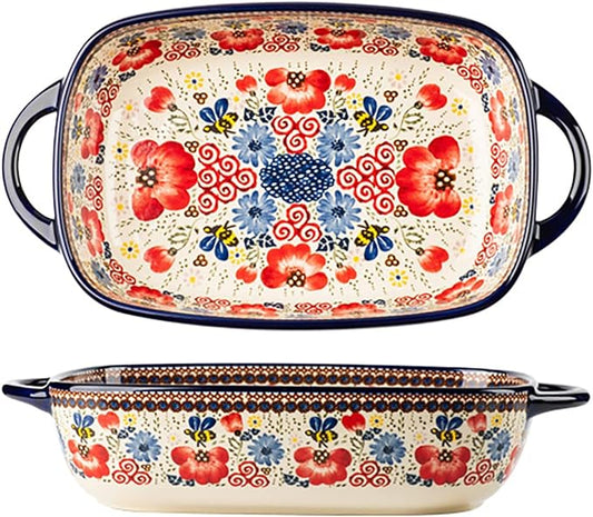 Vintage Flowers Style Ceramic Bakeware Casserole Dish Baking Pan Lasagna Pans Baking Dish with Handles for Oven/Cooking/Kitchen-1 PCS-Red Flowers-60 OZ by Bicuzat