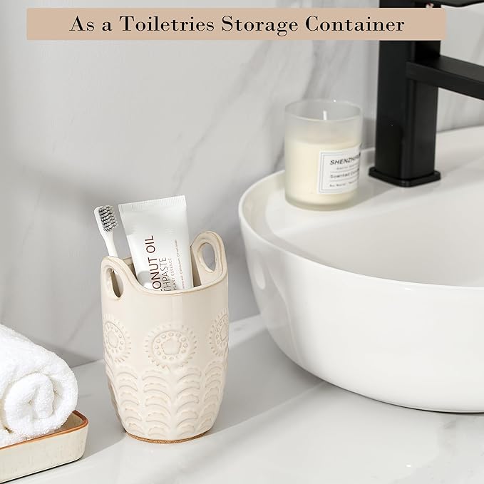 5.75" (H) Utensil Holder for Kitchen Counter, Cute Nordic Minimalist Style Cooking Utensil Holder and Crock Home Kitchen Decor, Ceramic Utensil Organizer for All kinds Spoon, Knife, Fork- Cream White