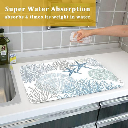 Nautical Dish Drying Mat for Kitchen Counter Coastal Seashell Starfish Summer Microfiber Absorbent Dish Draining Reusable Washable Foldable Extra Large 18"x24" - Image 7