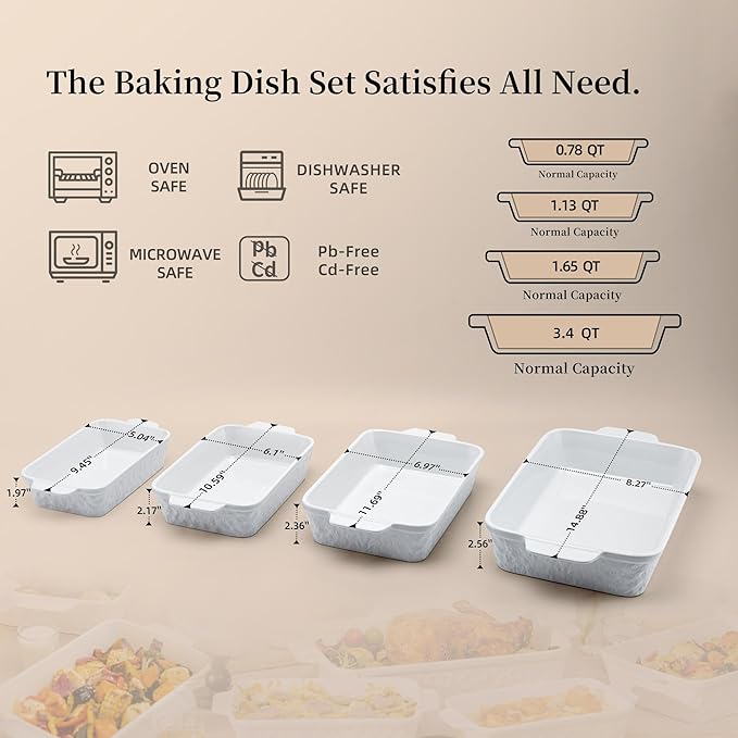 Dafuceramic Casserole Dishes for Oven, Baking Dishes, Ceramic Bakeware Sets of 4, Rectangular Baking Pan Set with Handles for Baking, Casserole, Kitchen, Wedding Gift,White - Image 2