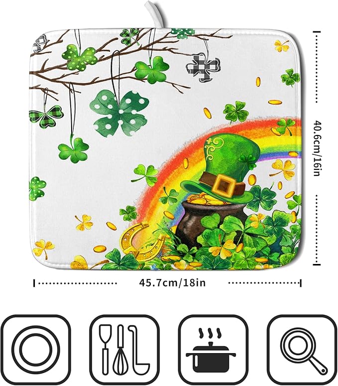 Giwawa St Patrick Dish Drying Mat Small Lucky Clover Tree Shamrock Dish Drainer Mats 16x18inch Spring Elf Hat Rainbow Colorful Fast Drying Absorbent Dish Drying Pad for Kitchen Counter Decor