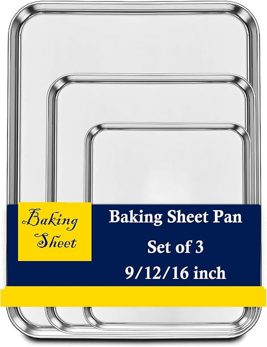 Set of 3 Baking Sheet, Stainless Steel Cookie Sheet Baking Sheet Pan, 9/12/16 Inch Cookie Tray Pans for Baking, Non Toxic & Easy Clean by ZOEHROWS