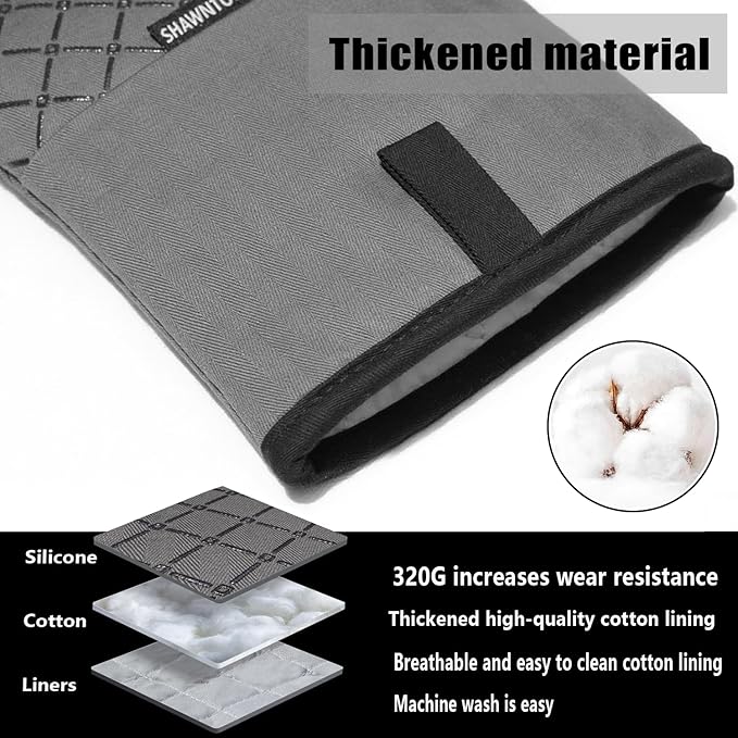 Oven Mitts and Pot Holders Sets 6pcs, Kitchen Oven Glove,High Heat Resistant 550 Degree Extra Long Oven Mitts and Potholders with Non-Slip Silicone Surface for Home Essentials (Grey) (Gray 2) - Image 3