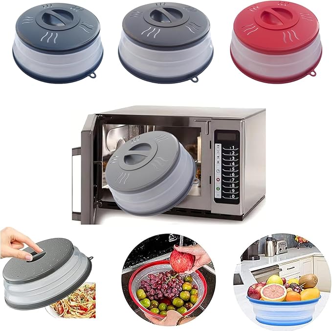 Microwave Splatter Cover Vented for Food, Microwave Plate Cover Splatter Guard & Colander, Fruit Vegetables Drainer with Hook Hole, Dishwasher-Safe,BPA-Free Silicone & Plastic (Grey)