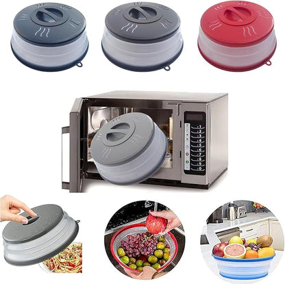Microwave Splatter Cover Vented for Food, Microwave Plate Cover Splatter Guard & Colander, Fruit Vegetables Drainer with Hook Hole, Dishwasher-Safe,BPA-Free Silicone & Plastic (Grey)