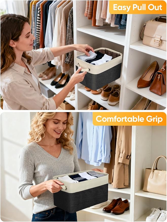 BALEINE 1 Pack Fabric Closet Storage Bins for Shelves, Linen Closet Organizers and Storage, Decorative Baskets for Organizing, Shelf, Clothes, Home, Office (Black, 14''x10''x8.5'')