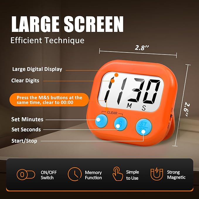 6 Pack Digital Kitchen Timer for Cooking Big Digits Loud Alarm Magnetic Backing Stand Cooking Timers for Baking Orange - Image 2