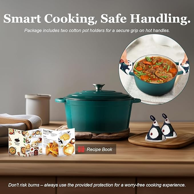 Overmont Enameled Cast Iron Dutch Oven - 5.5QT Pot with Lid Cookbook & Cotton Potholders - Heavy-Duty Cookware for Braising, Stews, Roasting, Sourdough Baking bottle green - Image 7