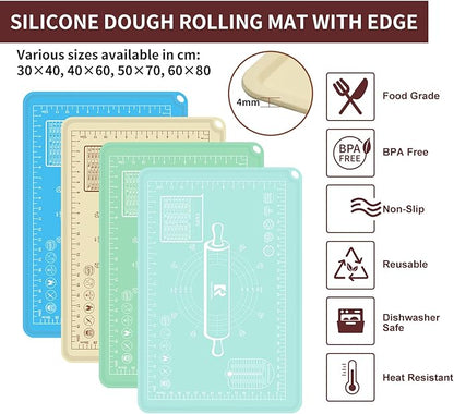 Silicone Baking Mat, Extra Thick Dough Rolling Pad with Measurements and Edge Heightening, Non-stick Food Grade Silicone Pastry Mat for Pastry, Bread, Cookies (Beige Edge Up, 20"L x 28"W)