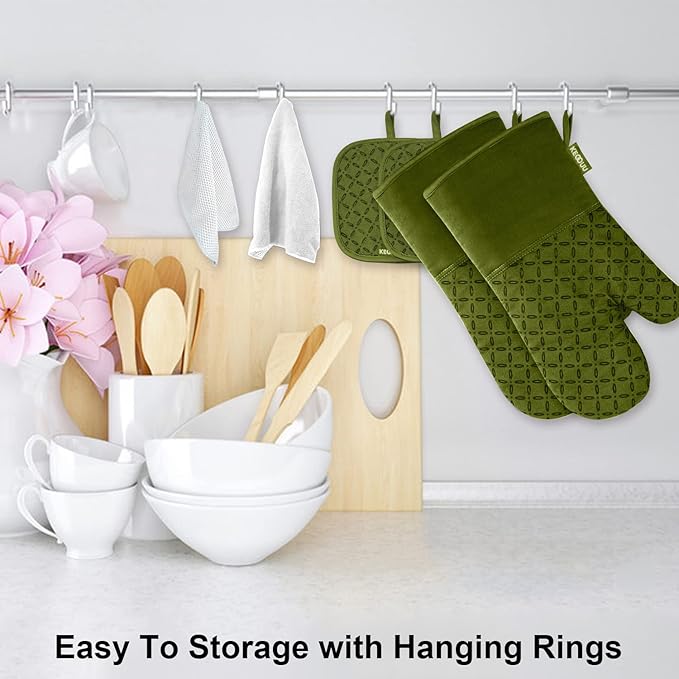 KEGOUU Oven Mitts and Pot Holders 6pcs Set, Kitchen Oven Glove High Heat Resistant 500 Degree Extra Long Oven Mitts and Potholder with Non-Slip Silicone Surface for Cooking (Olive Drab) - Image 4
