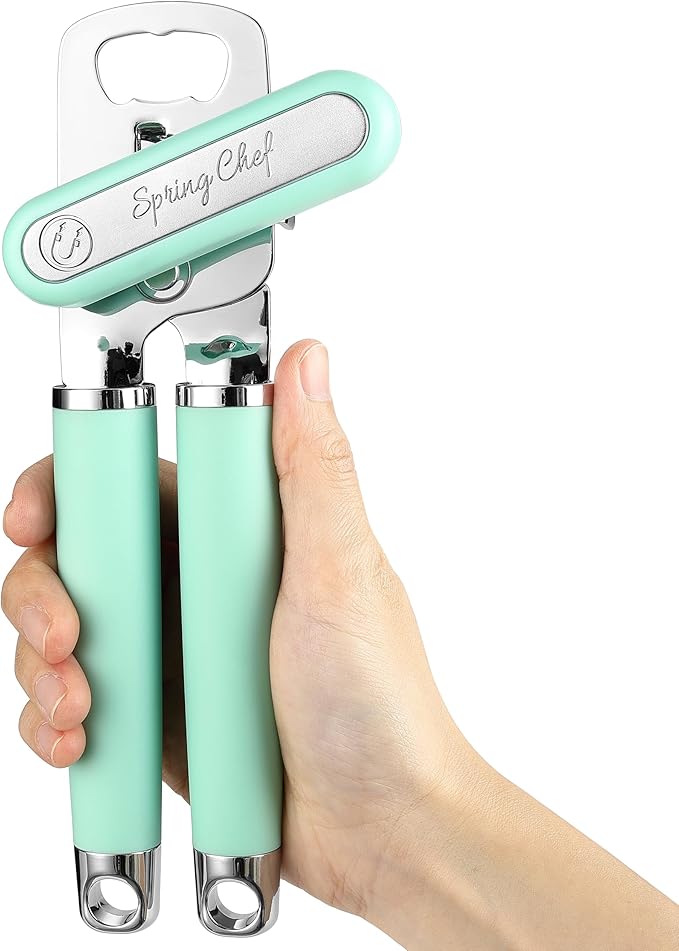 Spring Chef Stainless Steel Can Opener - Manual with Soft Grip Handles, Easy Turn, Heavy Duty Hand Can Opener for Seniors with Smooth Edge - Built-in Magnetic Lid Remover - Mint by SpringChef