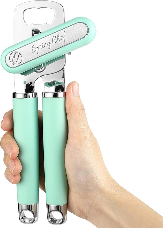 Spring Chef Stainless Steel Can Opener - Manual with Soft Grip Handles, Easy Turn, Heavy Duty Hand Can Opener for Seniors with Smooth Edge - Built-in Magnetic Lid Remover - Mint by SpringChef