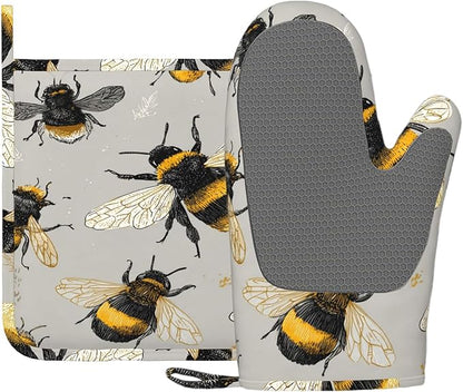 Happy Busy Bees Oven Mitts and Pot Holders Sets Non-Slip Silicone Surface for BBQ Gloves,Kitchen,Cooking,Baking,Grilling