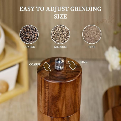 XWXO 2 Pack Acacia Wooden Salt and Pepper Grinder Set 8 Inches Refillable Salt and Pepper Mills Adjustable Coarseness, Acacia Wood with Ceramic Core Peppercorn Shaker Tableware Birthday Gifts - Image 5