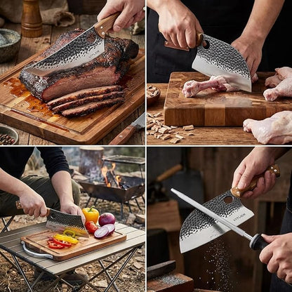 9 PCS Butcher Viking Camping Knife Set, 7" Serbian Chef Knife, 7" Butcher Meat Cleaver, 6.5" Viking Knife, 3 Knife Sheath, Honing Steel, Poultry Shears and Knife Roll Bag (Stylish Horse Pattern)