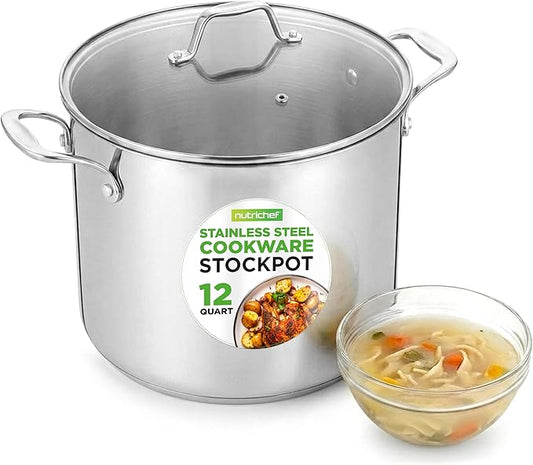 NutriChef 12 Quart Stainless Steel Stock Pot with Lid | Induction Cookware for Home & Commercial Use | Heavy Duty Cooking Pot for Boiling or Simmering Soup, Pasta, Seafood, and Sauces