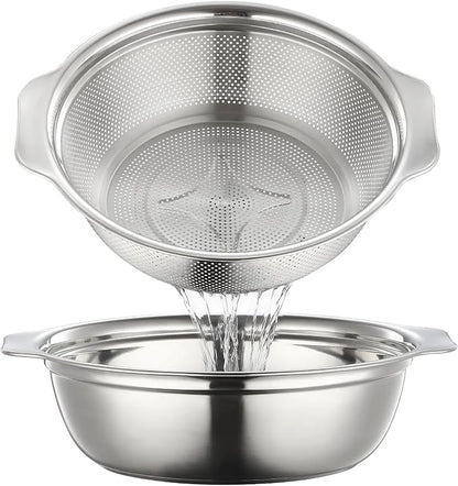 Stainless Steel Colander for Kitchen 2-Quart, Strainer Microporous with Mixing Bowl, Rice Strainer for Washing Vegetables, Fruit and Draining Cooked Pasta, Dishwasher Safe