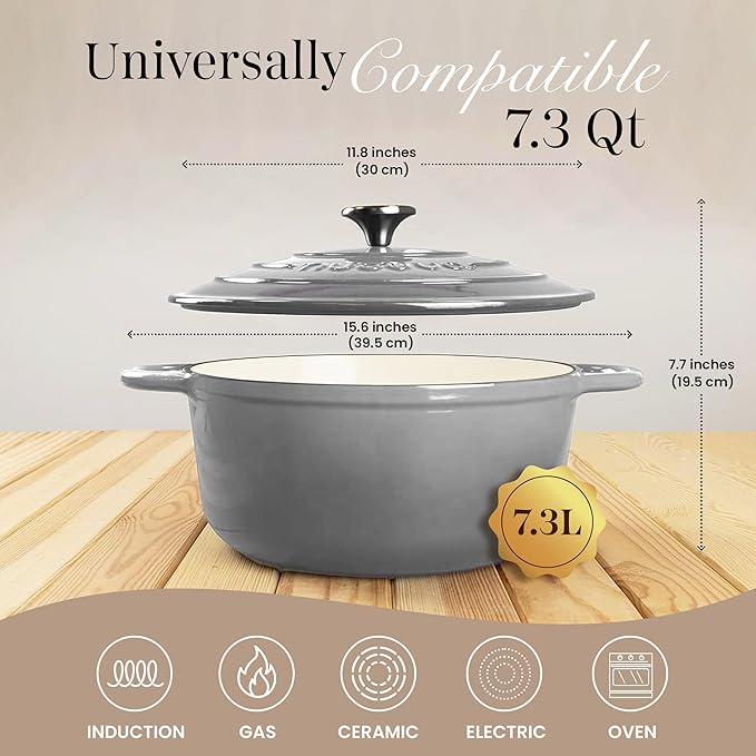 Cast Iron Dutch Oven with Lid – Non-Stick Ovenproof Enamelled Casserole Pot – Sturdy Dutch Oven Cookware – Grey, 7.3-Quart, 30cm – by Nuovva - Image 2