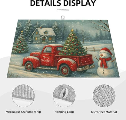 Christmas Red Truck Xmas Tree Snowman Dish Drying Mats for Kitchen Counter, Large 18"x24" Dish Mats for Drying Dishes, Microfiber Absorbent Dish Drying Pad Rack Mat Kitchen Decor Reusable Washable