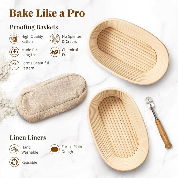 Sourdough Starter Kit, Banneton Bread Proofing Baskets Set, Sourdough Bread Baking Supplies Making Tools with Dough Scraper, Whisk, Bread Lame, Recipe - Image 2