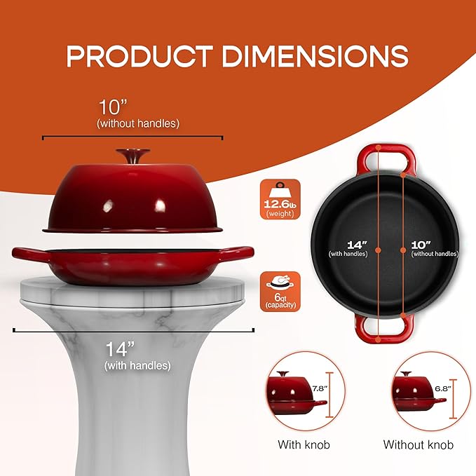Krustic Enameled Cast Iron Dutch Oven for Sourdough Bread Baking | 6 Quart Pot with Lid | 10 Inch Ceramic Enamel Thick Coated Cookware Set with Non Stick Silicone Baking Mat for Cooking | 6 Qt | Red
