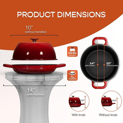 Krustic Enameled Cast Iron Dutch Oven for Sourdough Bread Baking | 6 Quart Pot with Lid | 10 Inch Ceramic Enamel Thick Coated Cookware Set with Non Stick Silicone Baking Mat for Cooking | 6 Qt | Red
