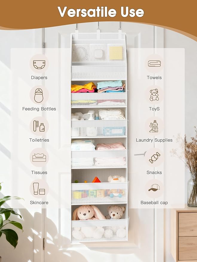 Criusia 2 Pack Over the Door Organizer, Heavy-Duty 6-Shelf Hanging Storage with 13 Mesh Pockets, 55lbs Capacity Behind the Door Storage for Nursery, Bathroom, Bedroom, and Dorm, White - Image 9