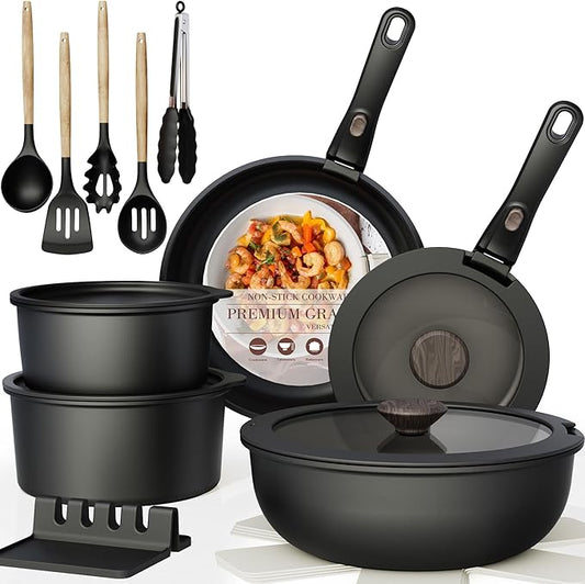 Astercook 21 Pcs Pots and Pans Set Non Stick, Ceramic Cookware Set Detachable Handle, RV Kitchen Cooking Set Removable Handles, Oven Safe, Induction Ready, Stackable, Black, Mothers Day Gifts by Astercook